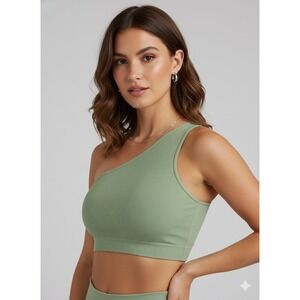 Niki Biki Sage Green Ribbed One Shoulder Seamless Athletic Crop Top Yoga OS